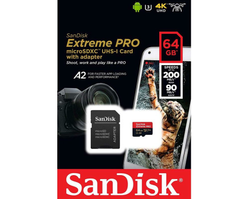 microSDXC (UHS-1 U3) SanDisk Extreme Pro A2 64Gb class 10 V30 (R200MB/s,W90MB/s) (adapter) (SDSQXCU-064G-GN6MA)