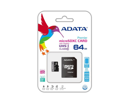 microSDXC (UHS-1) A-DATA Premier 64Gb Class 10 (R-100Mb/s) (adapter SD) (AUSDX64GUICL10-RA1)