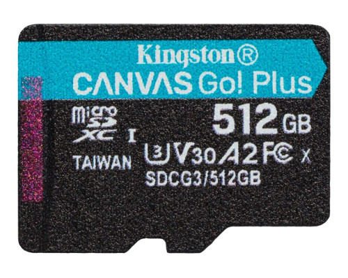 microSDXC (UHS-1 U3) Kingston Canvas Go Plus 512Gb class 10 A2 V30 (R170MB/s, W90MB/s) (SDCG3/512GBSP)