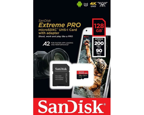 microSDXC (UHS-1 U3) SanDisk Extreme Pro A2 128Gb class 10 V30 (R200MB/s,W90MB/s) (adapter) (SDSQXCD-128G-GN6MA)