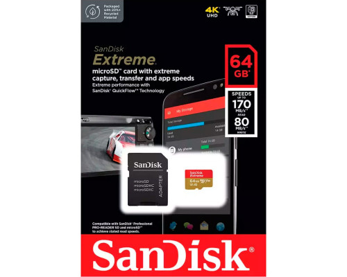 microSDXC (UHS-1 U3) SanDisk Extreme For Action Cams and Drones A2 64Gb class 10 V30 (R170MB/s,W80MB/s) (adapter) (SDSQXAH-064G-GN6AA)