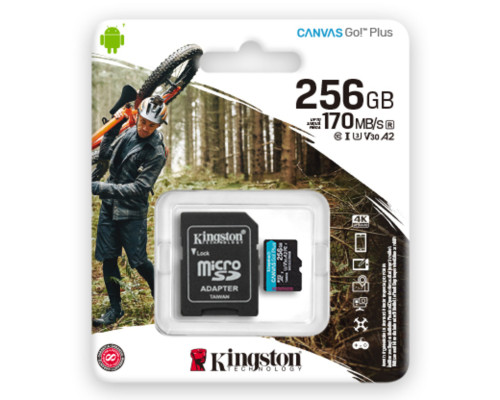 microSDXC (UHS-1 U3) Kingston Canvas Go Plus 256Gb class 10 A2 V30 (R170MB/s, W90MB/s) (adapter SD) (SDCG3/256GB)