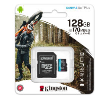 microSDXC (UHS-1 U3) Kingston Canvas Go Plus 128Gb class 10 A2 V30 (R170MB/s, W90MB/s) (adapter SD) (SDCG3/128GB)