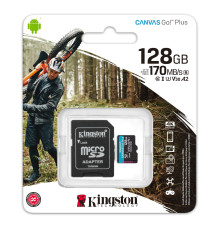 microSDXC (UHS-1 U3) Kingston Canvas Go Plus 128Gb class 10 A2 V30 (R170MB/s, W90MB/s) (adapter SD) (SDCG3/128GB)