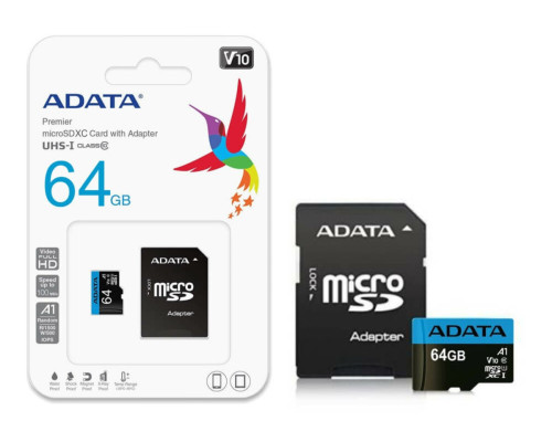 microSDXC (UHS-1) A-DATA Premier 64Gb Class 10 A1 (R-100Mb/s) (adapter SD) (AUSDX64GUICL10A1-RA1)