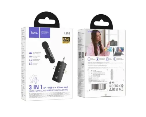 Мікрофон HOCO L20B Fair wireless microphone(iP/Type-C/3.5) Чорний mag-6942007673754153805