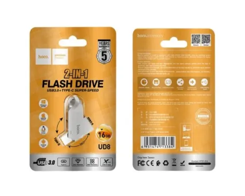 Флеш-накопичувач USB-A/C HOCO UD8 Smart Type-C USB drive 16Gb silver mag-6931474713384145044