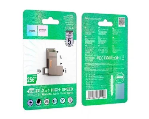 Флеш-накопичувач USB-A/C HOCO UD14 Clever USB3.2 Type-C mini flash drive 256GB metal gray mag-6942007611558144913