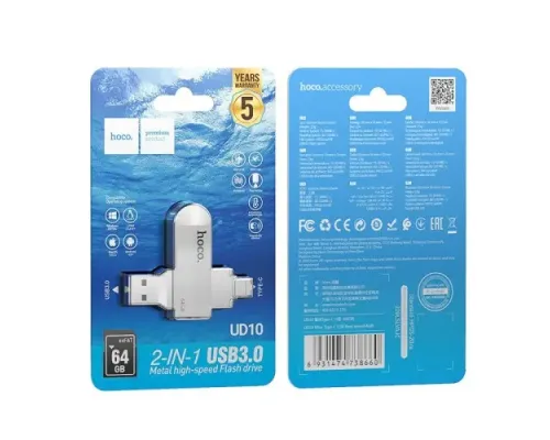 Флеш-накопичувач USB-A/C HOCO UD10 Wise Type-C USB flash drive 64Gb silver mag-6931474738660144438