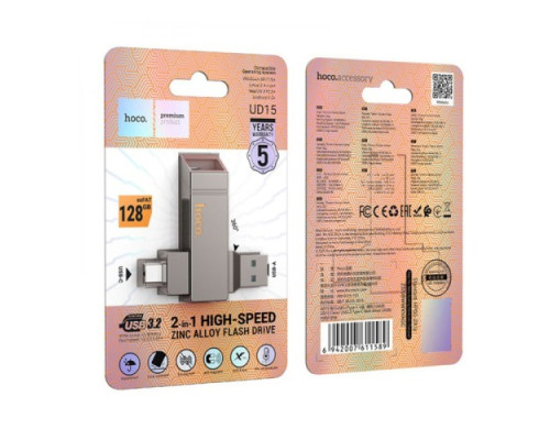 Флеш-накопичувач USB-A/C HOCO UD15 Clever USB3.2 Type-C 128GB Gray mag-6942007611589142410
