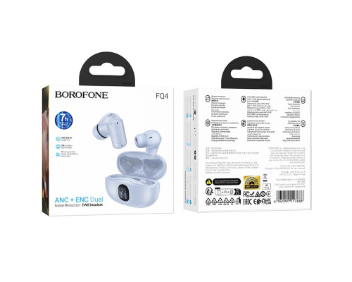 Бездротові навушники BOROFONE FQ4 Lighten true wireless ANC+ENC noise reduction BT headset Blue (6941991117688)
