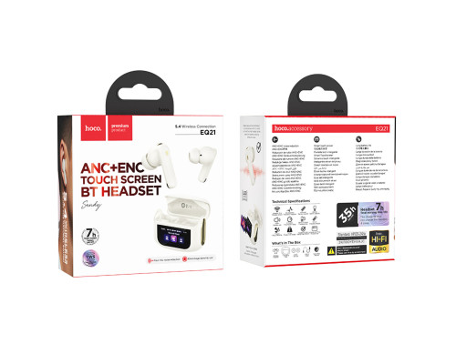 Бездротові навушники HOCO EQ21 Sandy true wireless ANC+ENC noise reduction touch screen BT headset Cloudy White (6942007647427)