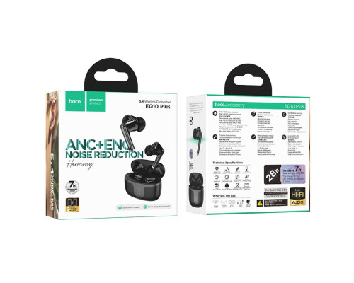 Бездротові навушники HOCO EQ10 Plus Harmony true wireless ANC+ENC Noise Reduction BT headset Black (6942007629423)
