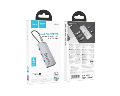 Type-C(PD) HUB HOCO HB50 Wow 5-in-1 multi-function converter(HDTV+PD+USB3.0*3) Grey mag-6942007647298139081