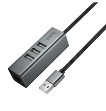 USB HUB HOCO HB1D 4-in-1 converter(USB to USB2.0*3+RJ45) Metal Grey mag-6942007667333153039