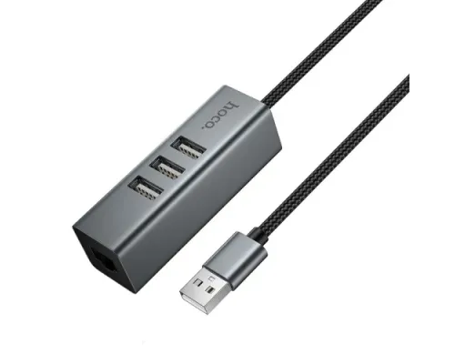 USB HUB HOCO HB1D 4-in-1 converter(USB to USB2.0*3+RJ45) Metal Grey mag-6942007667333153039