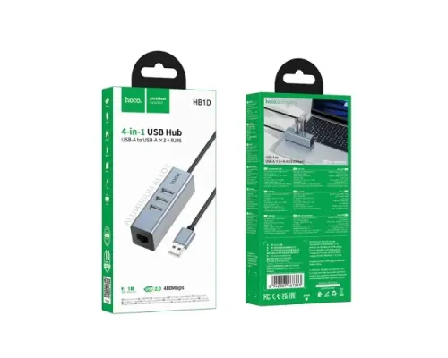 USB HUB HOCO HB1D 4-in-1 converter(USB to USB2.0*3+RJ45) Metal Grey mag-6942007667333153039