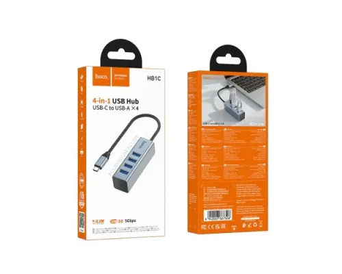 USB HUB HOCO HB1C 4-in-1 converter(Type-C to USB3.0*4) Metal Grey mag-6942007667326152116