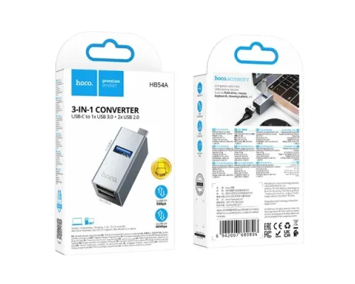 USB HUB HOCO HB54A 3-in-1 converter(Type-C to USB2.0*2+USB3.0) Metal grey mag-6942007680806154073