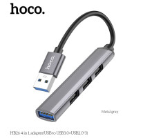 USB HUB HOCO HB26 4 in 1 adapter(USB to USB3.0+USB2.0*3) Metal Grey mag-6931474765468142593