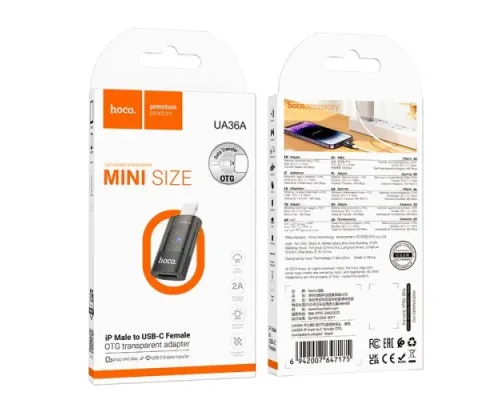 Перехідник Hoco UA36A iP male to C female OTG transparent adapter black mag-6942007647175145288