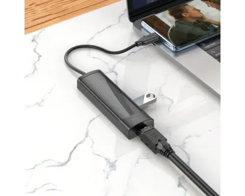 Type-C(PD) HUB HOCO HB42 Easy safety 4-in-1 Gigabit Ethernet Adapter(Type-C to USB3.0*3+RJ45) Black mag-6942007615235144914