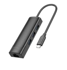 Type-C(PD) HUB HOCO HB42 Easy safety 4-in-1 Gigabit Ethernet Adapter(Type-C to USB3.0*3+RJ45) Black mag-6942007615235144914