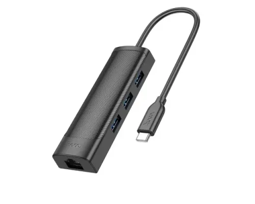 Type-C(PD) HUB HOCO HB42 Easy safety 4-in-1 Gigabit Ethernet Adapter(Type-C to USB3.0*3+RJ45) Black mag-6942007615235144914