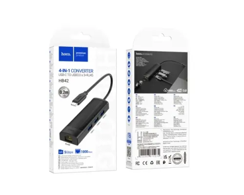 Type-C(PD) HUB HOCO HB42 Easy safety 4-in-1 Gigabit Ethernet Adapter(Type-C to USB3.0*3+RJ45) Black mag-6942007615235144914