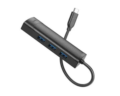 Type-C(PD) HUB HOCO HB42 Easy safety 4-in-1 Gigabit Ethernet Adapter(Type-C to USB3.0*3+RJ45) Black mag-6942007615235144914