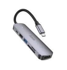 Type-C(PD) HUB HOCO HB28 Type-C multi-function converter (HDTV+USB3.0+USB2.0+SD+TF+PD) Metal Grey mag-6931474769336145598