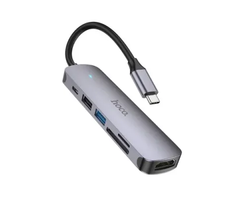 Type-C(PD) HUB HOCO HB28 Type-C multi-function converter (HDTV+USB3.0+USB2.0+SD+TF+PD) Metal Grey mag-6931474769336145598