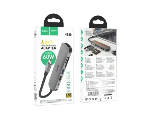 Type-C(PD) HUB HOCO HB28 Type-C multi-function converter (HDTV+USB3.0+USB2.0+SD+TF+PD) Metal Grey mag-6931474769336145598