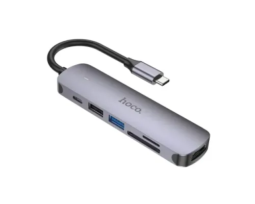 Type-C(PD) HUB HOCO HB28 Type-C multi-function converter (HDTV+USB3.0+USB2.0+SD+TF+PD) Metal Grey mag-6931474769336145598