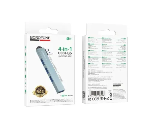 USB HUB BOROFONE FH1 4-in-1 converter(USB to USB2.0*3+USB3.0) metal gray mag-6941991126116152233