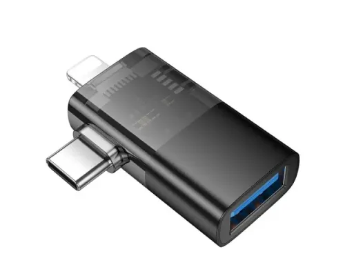 Перехідник HOCO UA36E iP male/C male to USB female OTG 2-in-1 transparent adapter black mag-6942007647250145290
