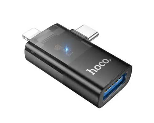 Перехідник HOCO UA36E iP male/C male to USB female OTG 2-in-1 transparent adapter black mag-6942007647250145290