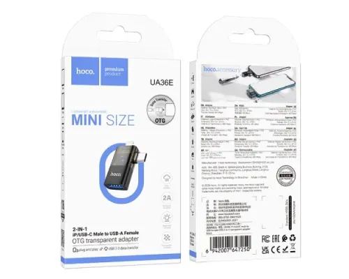 Перехідник HOCO UA36E iP male/C male to USB female OTG 2-in-1 transparent adapter black mag-6942007647250145290