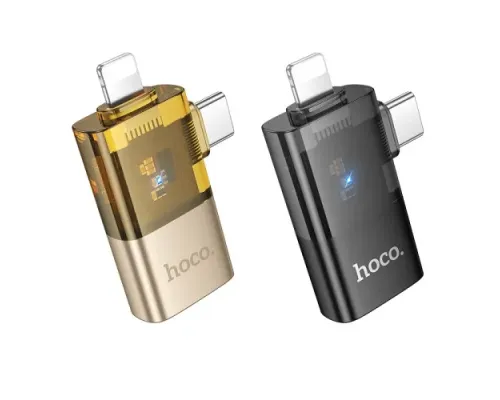 Перехідник HOCO UA36E iP male/C male to USB female OTG 2-in-1 transparent adapter black mag-6942007647250145290