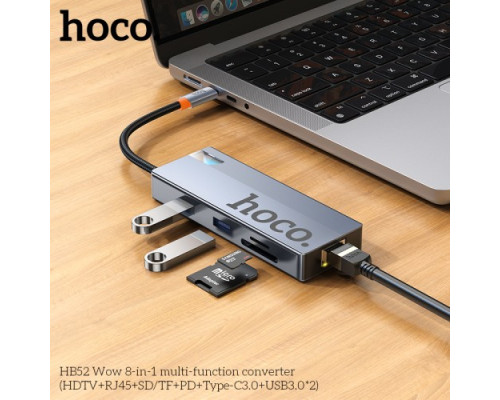 Type-C(PD) HUB HOCO HB52 Wow 8-in-1 multi-converter (HDTV+RJ45+SD/TF+PD+Type-C3.0+USB3.0*2) Grey mag-6942007647311138257