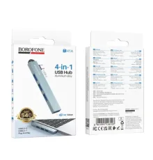 Type-C(PD)-HUB BOROFONE FH1A 4-in-1 converter(Type-C to USB2.0*3+USB3.0) metal gray mag-6941991126123152234