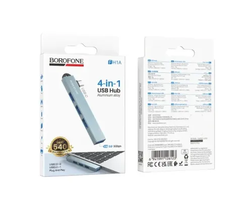 Type-C(PD)-HUB BOROFONE FH1A 4-in-1 converter(Type-C to USB2.0*3+USB3.0) metal gray mag-6941991126123152234