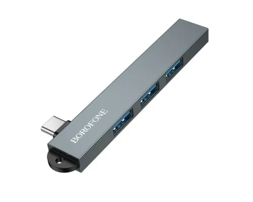 Type-C(PD)-HUB BOROFONE FH1A 4-in-1 converter(Type-C to USB2.0*3+USB3.0) metal gray mag-6941991126123152234