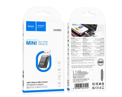 Перехідник HOCO UA36C USB male to C female USB2.0 transparent adapter black mag-6942007647212145613