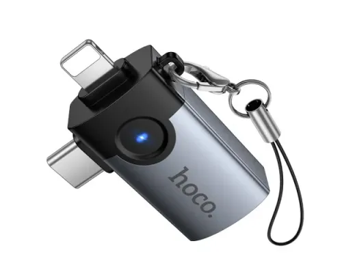 Перехідник HOCO UA46D Victory iP male/Type-C male to USB female 2-in-1 adapter Metal gray mag-6942007675666153980