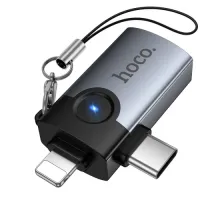 Перехідник HOCO UA46D Victory iP male/Type-C male to USB female 2-in-1 adapter Metal gray mag-6942007675666153980