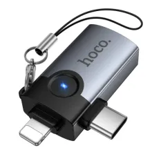 Перехідник HOCO UA46D Victory iP male/Type-C male to USB female 2-in-1 adapter Metal gray mag-6942007675666153980