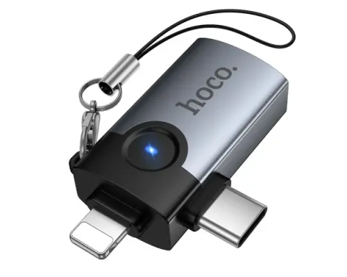 Перехідник HOCO UA46D Victory iP male/Type-C male to USB female 2-in-1 adapter Metal gray mag-6942007675666153980