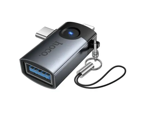 Перехідник HOCO UA46D Victory iP male/Type-C male to USB female 2-in-1 adapter Metal gray mag-6942007675666153980