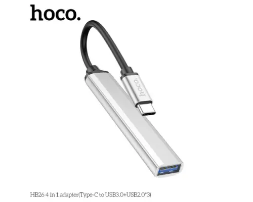 Type-C(PD) HUB HOCO HB26 4 in 1 adapter(Type-C to USB3.0+USB2.0*3) Silver mag-6931474765475143988